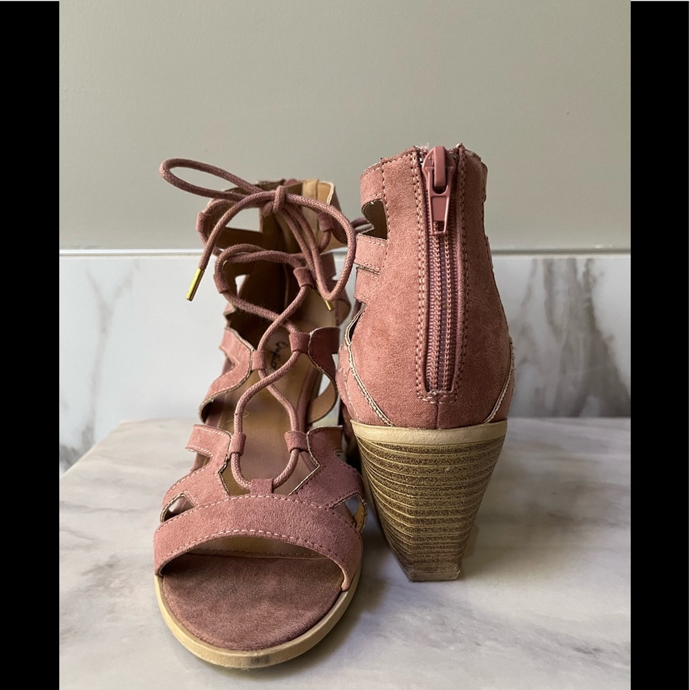 Qupid Lace up Suede Stack Heels